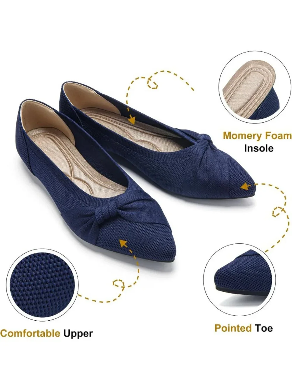 Women's Navy Mesh Comfortable Ballet Flats Pointed Toe Lightweight Casual Shoes